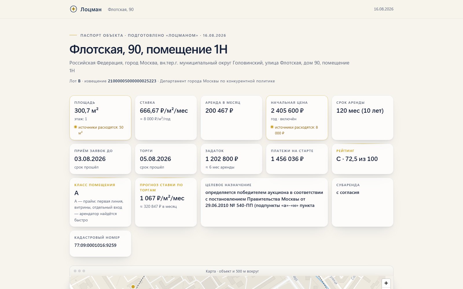 Паспорт объекта для клиента: карта, фото и сводка ключевых цифр